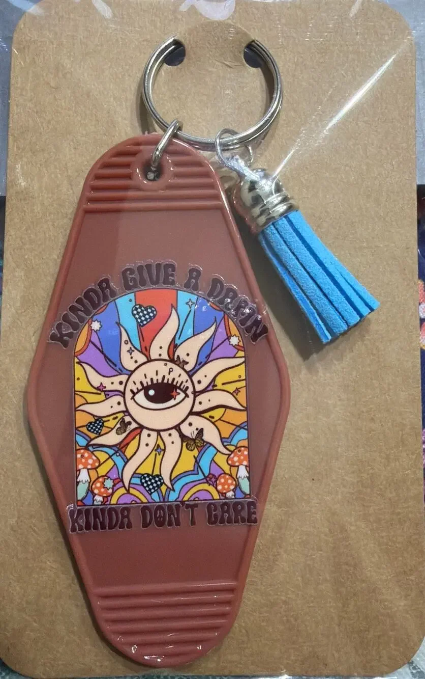 Kinda Give A Damn Brown & Blue Vintage Hotel Motel Keychain Key Chain Handmade